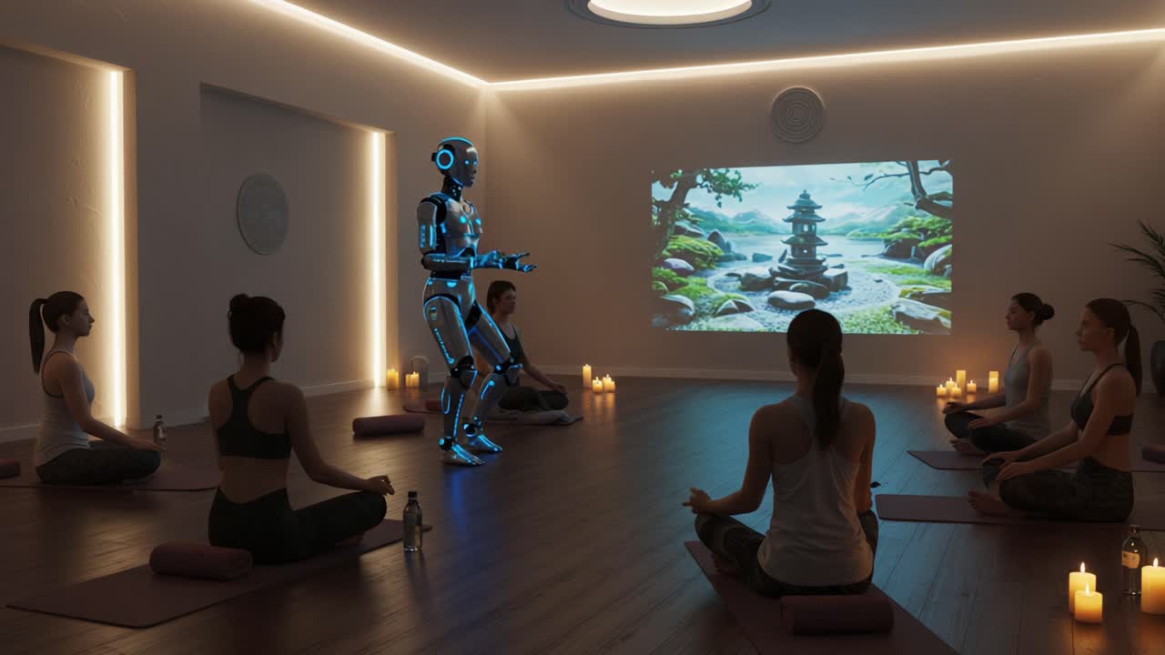 A Tranquil Yoga Session with a Futuristic Robot Instructor Guiding Participants in a Serene Atmosphere Enhanced by Calming Visuals and Soft Lighting