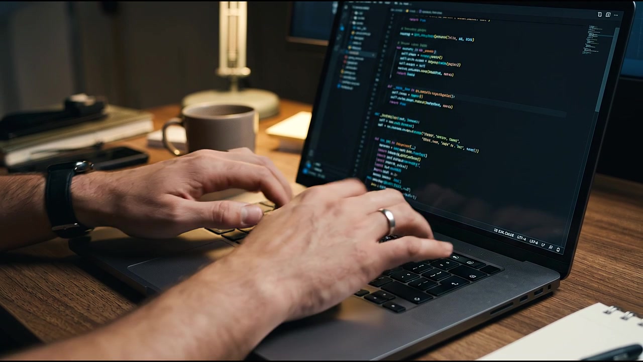 Close-up of Developer Hands Typing Code on Laptop Keyboard