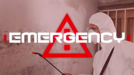 word emergency written over a man dressed in protective suit and face mask in background.