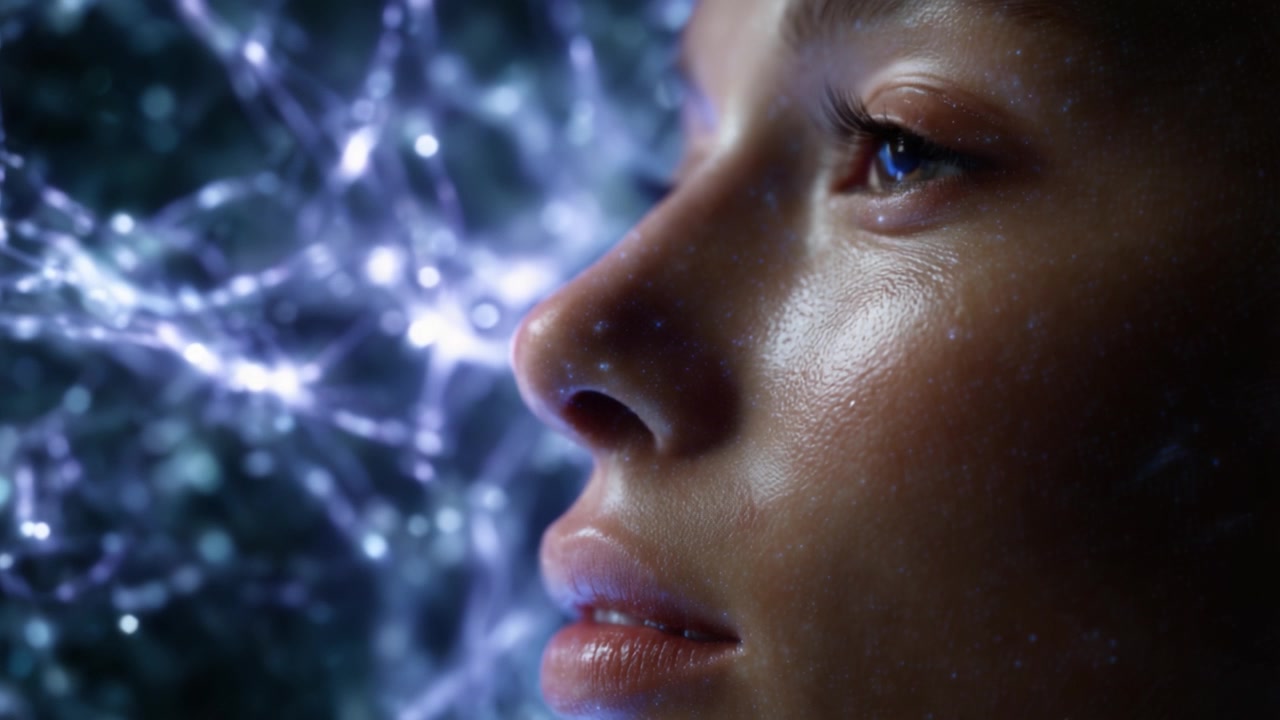 Primo piano di un volto pensieroso su uno sfondo di colorate connessioni neurali, che cattura l'essenza della mente e dell'emozione in una rappresentazione stimolante.