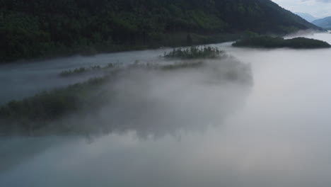 flight over a foggy river. the mist is hanging low over the landscape creating a dark mystical mood over the whole scene.