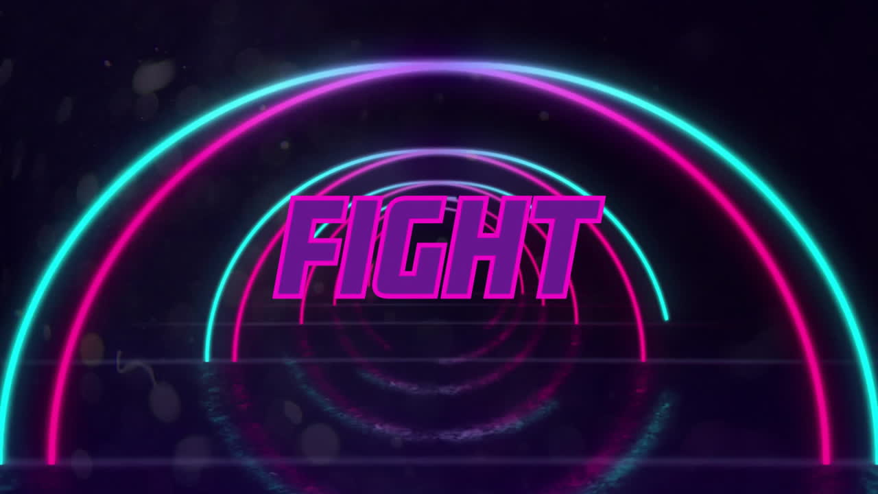 Animation of fight text over moving neon shapes