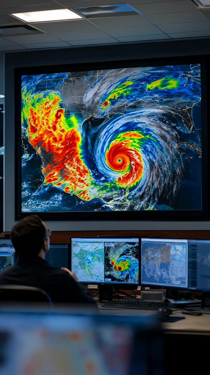 L'operatore visualizza mappe colorate di tracciamento degli uragani su schermi di computer mentre i dati della tempesta vorticosa rimangono visibili, con illuminazione della stanza scura e display multipli che creano un'atmosfera analitica.