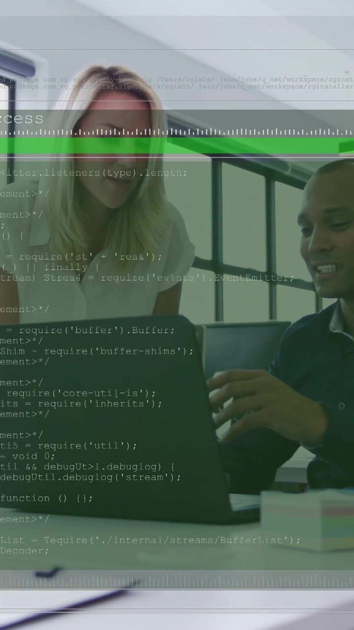 Vertical video: Pair checking laptop causing moving code bar and waveform hiding view for IT review