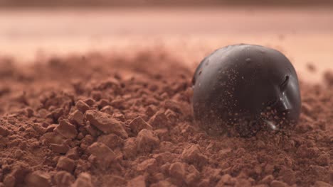 chocolate truffles falling into chocolate powder in super slow motion.