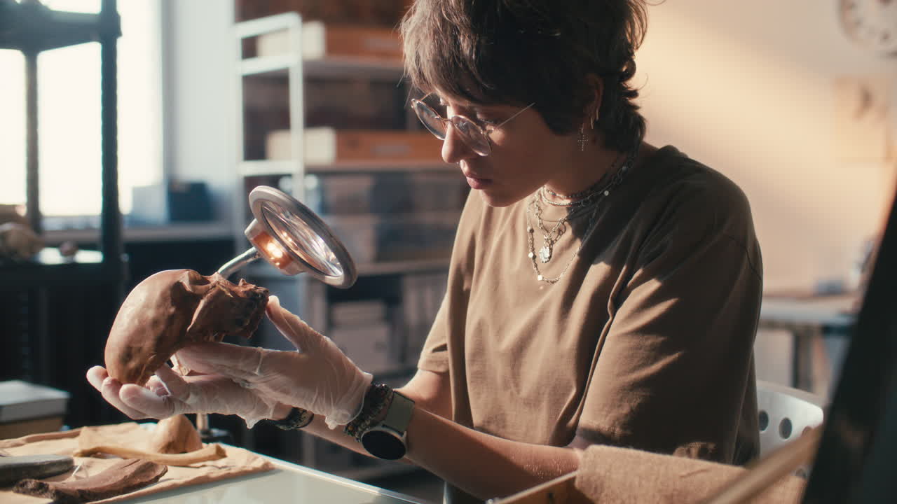 Female Researcher Cleaning Ancient Skull with Brush in Archaeology Laboratory