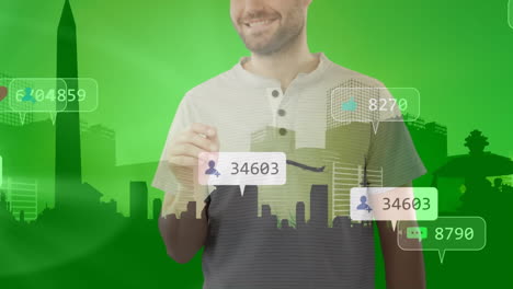 animación de iconos de redes sociales sobre el hombre utilizando pantalla virtual y paisaje urbano