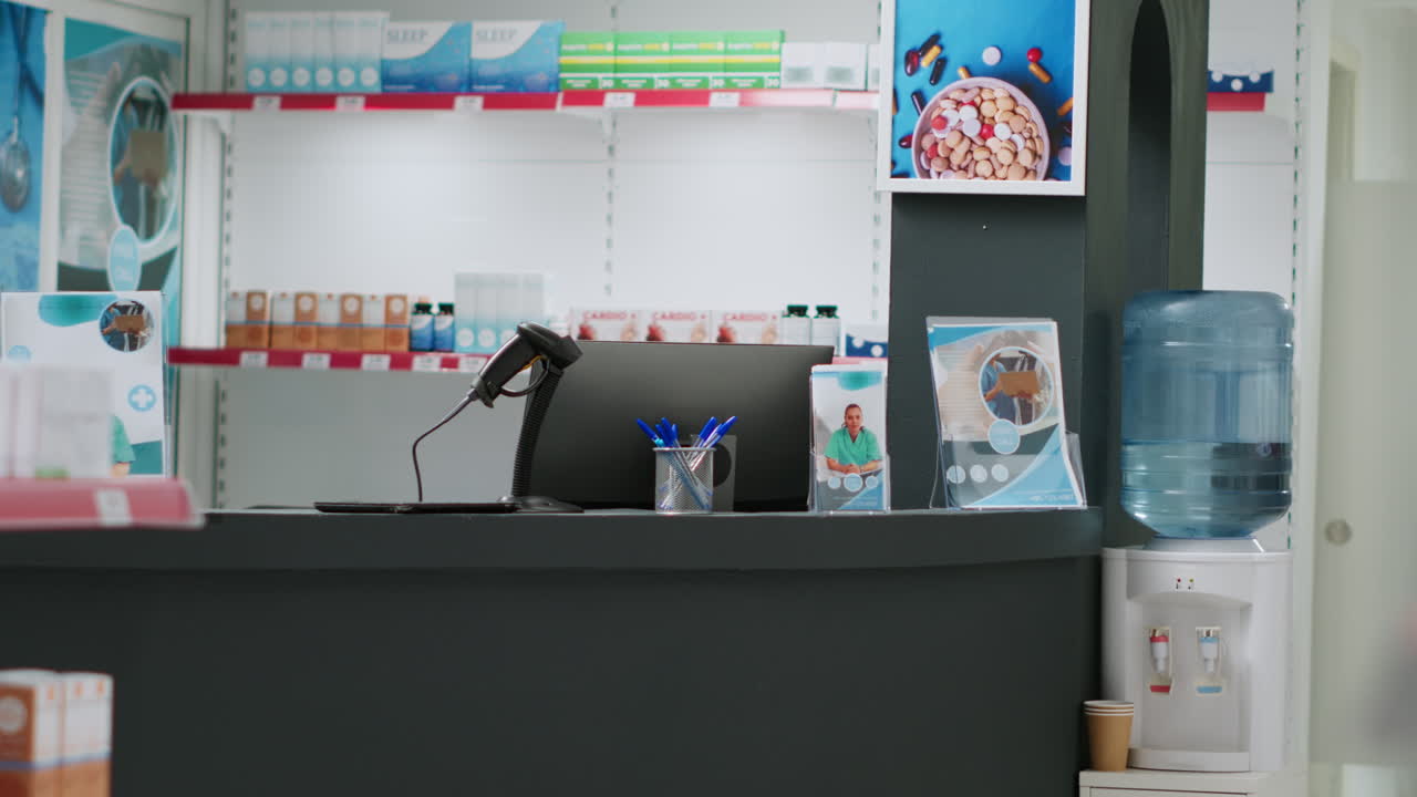Pharmacy interior with shelves and medical products