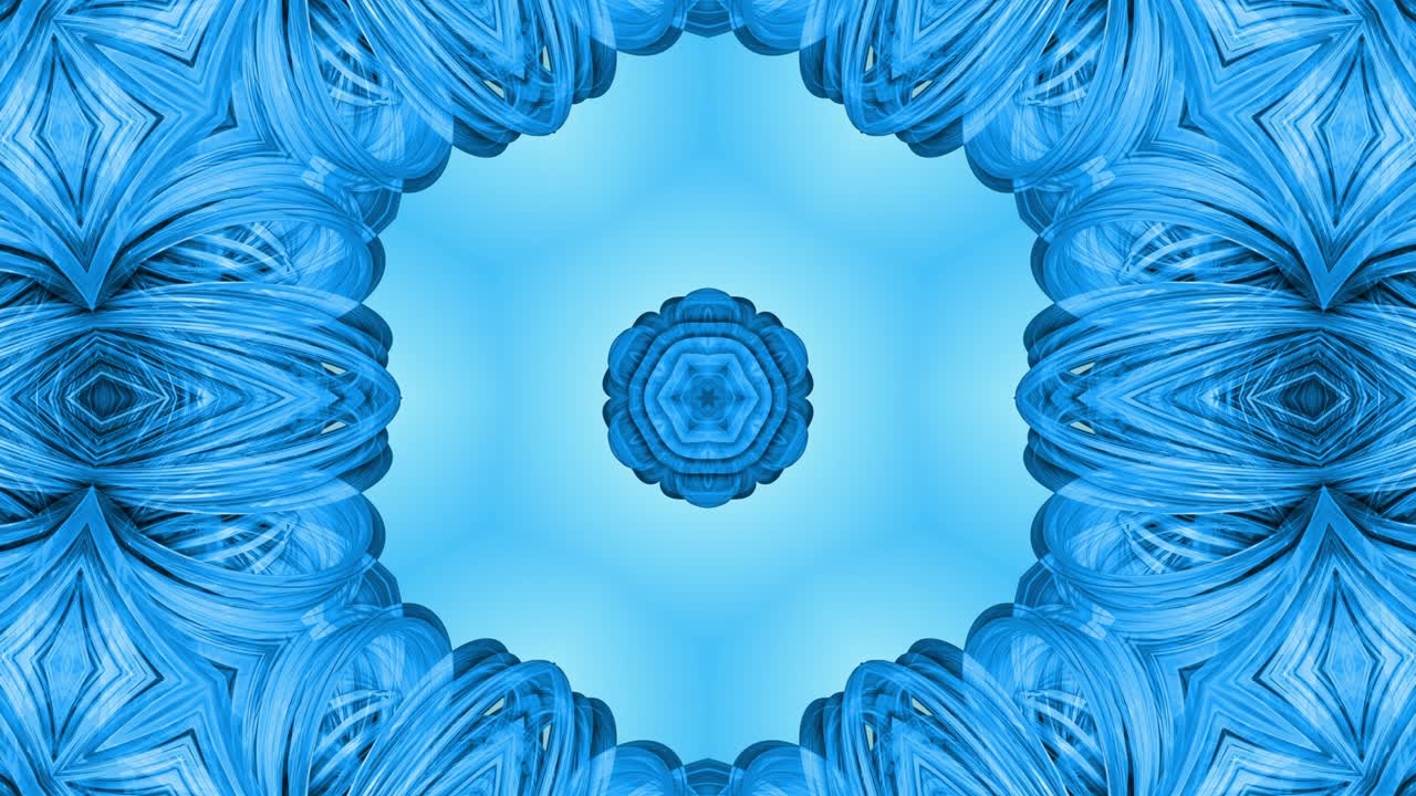 animación en bucle 3d, un fondo abstracto con cintas azules girando y formando estrellas o copos de nieve como con un efecto caleidoscópico.