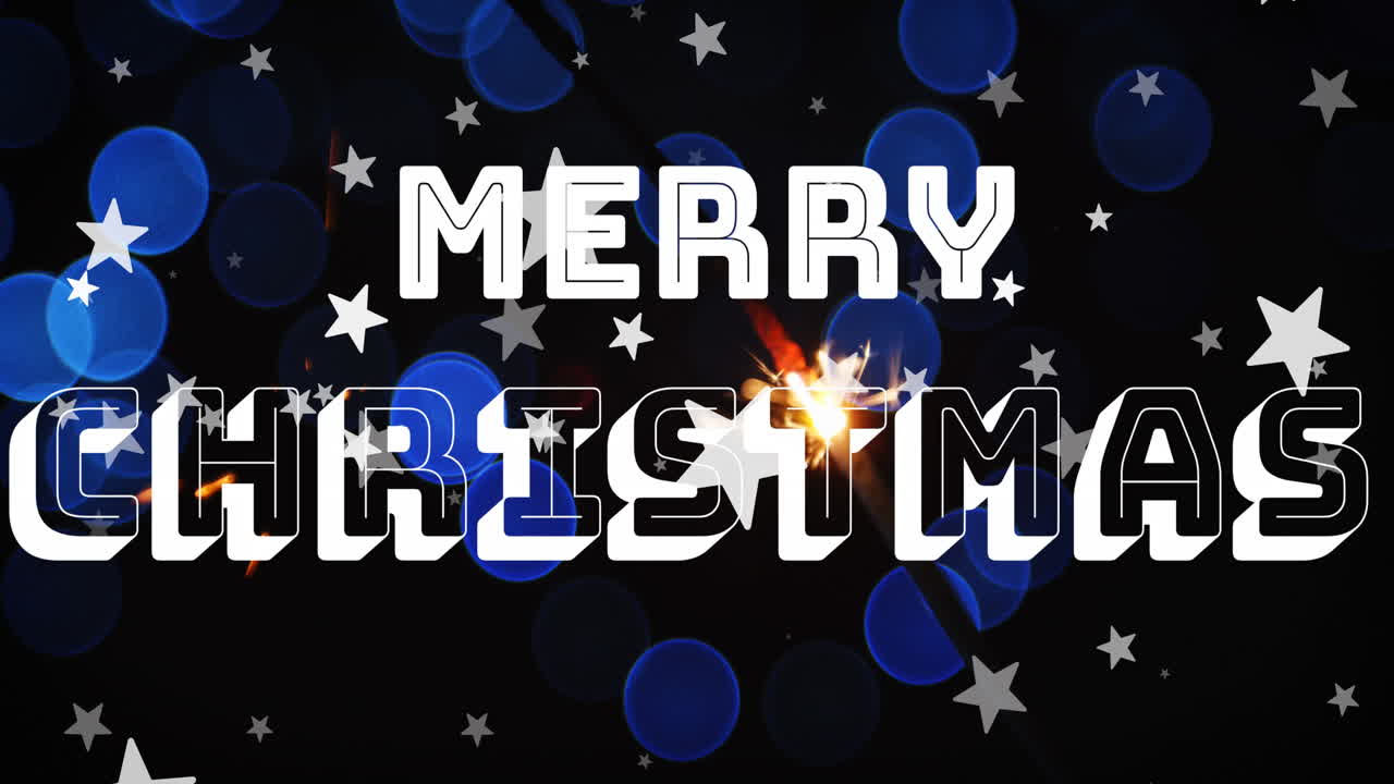 animación de texto de feliz navidad sobre puntos de luz y estrellas cayendo