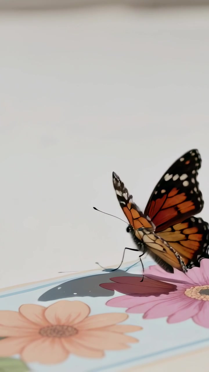 Video verticale: Farfalla monarca che arriva e si posa su carta floreale, poi si alza in volo, con spazio per il testo.