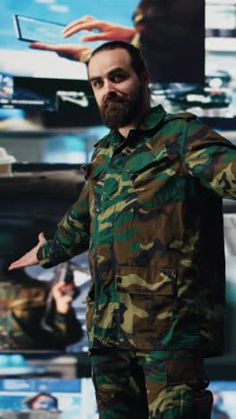 Vertical Video Army officer works in national defense operations with digital tech