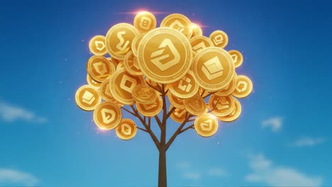 a visually captivating tree adorned with shimmering golden coins, representing wealth, growth, and abundance against a clear blue sky, symbolizing prosperity and hope in the digital age