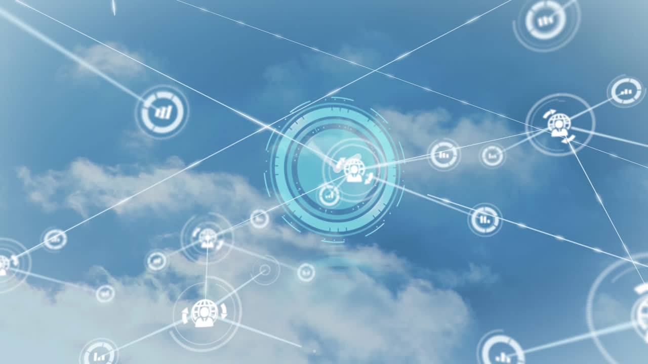 Animation of network of connections with icons over clock