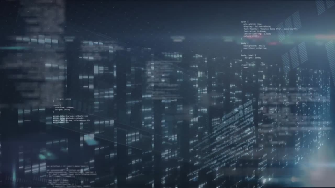 Animation of data processing and shapes over server room