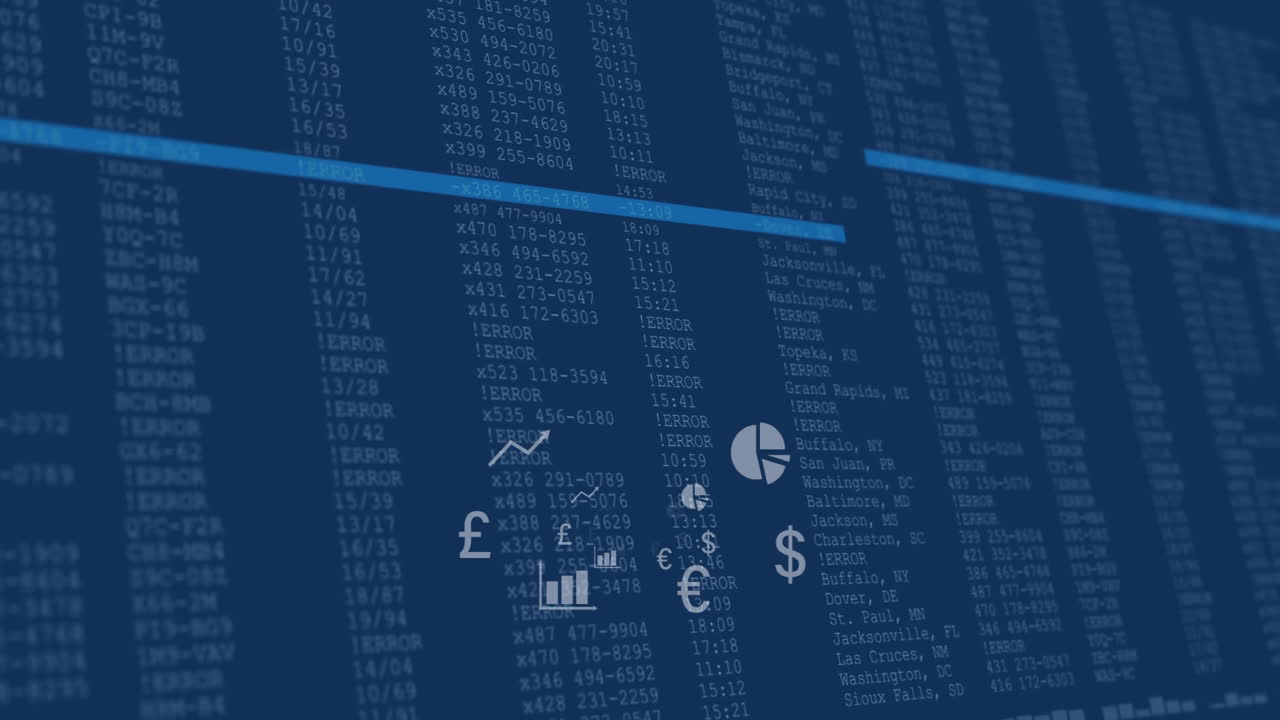 Animation of financial symbols and graphs overlaying data processing on blue background
