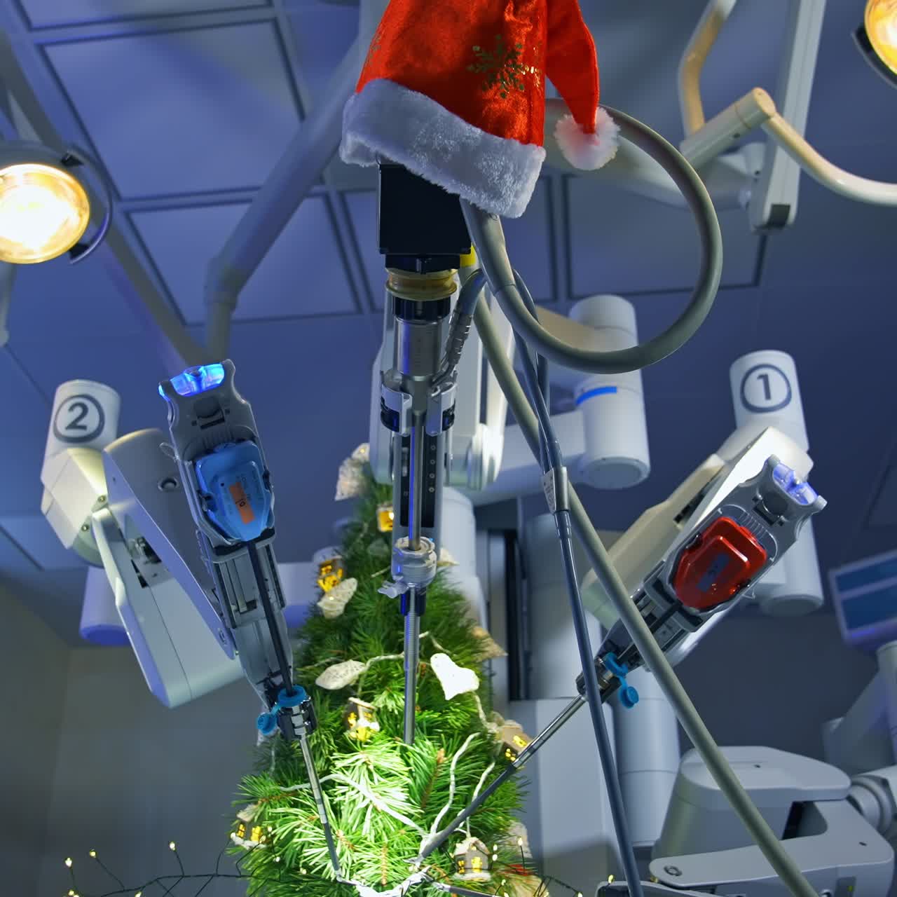 Robotic machine for making Christmas decor. Modern equipment decorating Christmas tree indoors. High-tech innovations