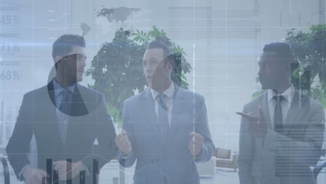 animation of data processing over diverse businessmen talking