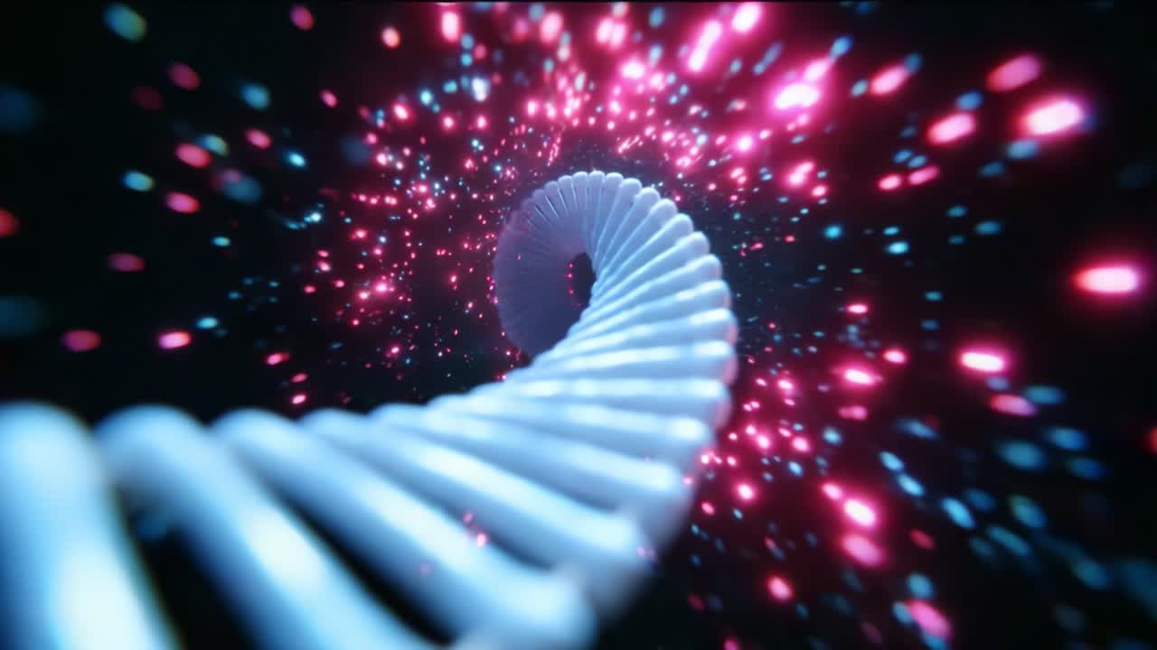 A mesmerizing visual journey through a spiraling tunnel of luminous colors featuring a vibrant swirl of pink and blue particles surrounding a central white helix structure, creating an ethereal atmosphere of motion