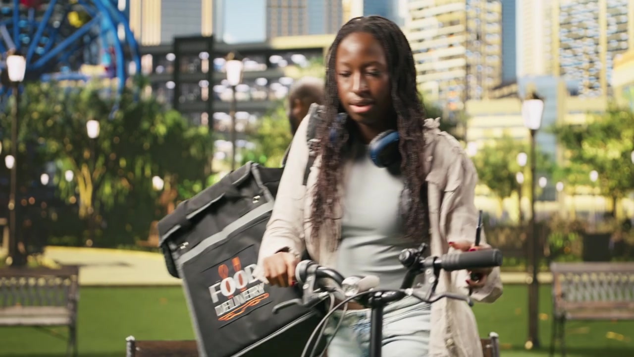 Woman delivery courier standing with bicycle and insulated thermal bag
