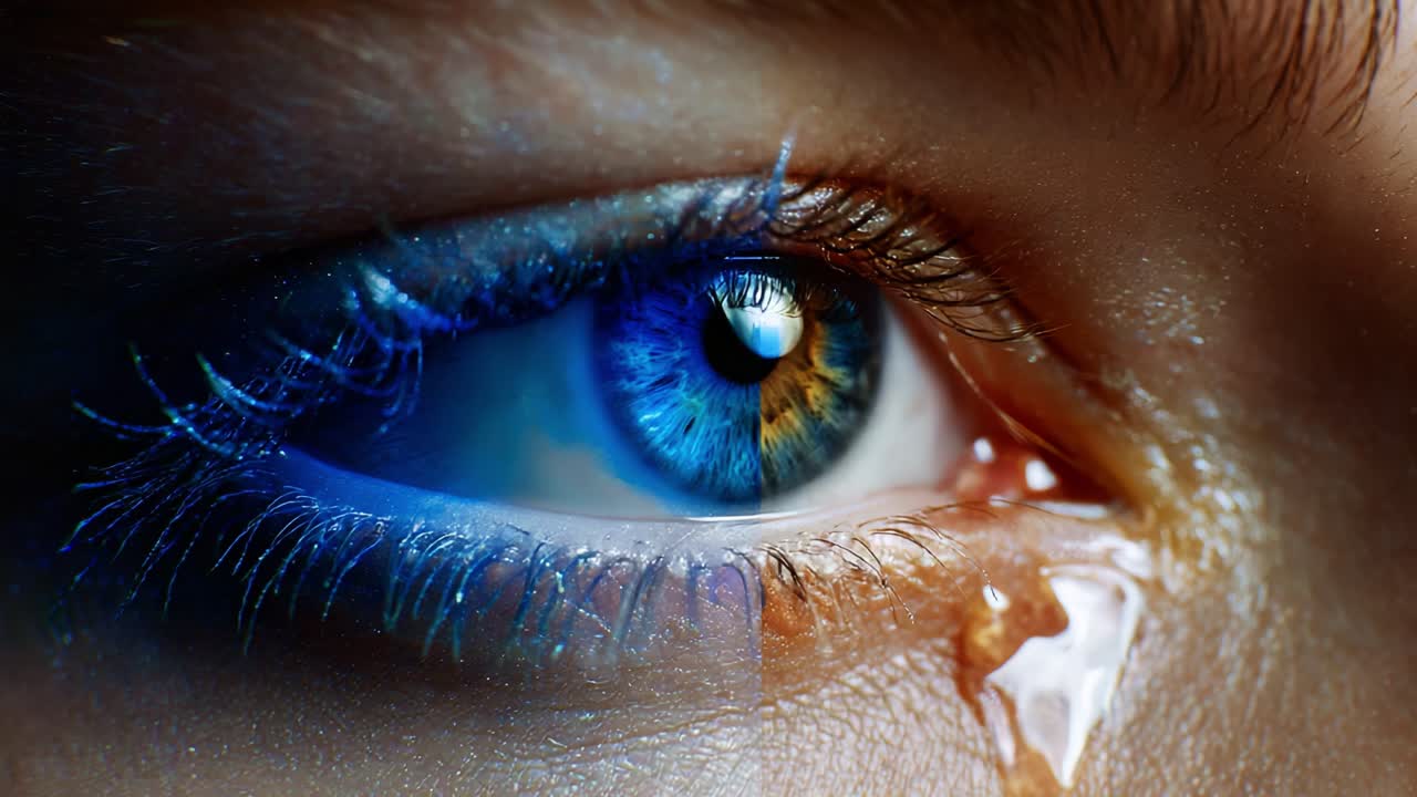 Close-Up Perspective of a Tearful Eye with Vibrant Blue and Brown Irises Highlighting Emotions and Complexities of Human Feelings Captured in Stunning Detail