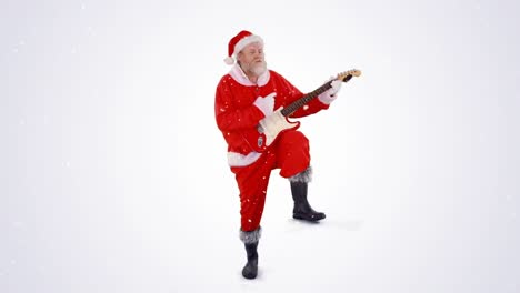 Snow-falling-over-santa-claus-playing-an-electric-guitar-against-grey-background