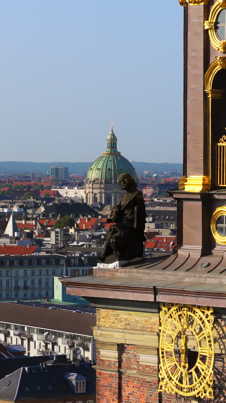 Aerial drone view of the Church of Our Saviour in Copenhagen, Denmark. Vertical