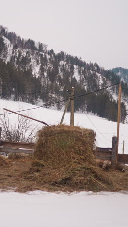granero de madera con valla cerca de pajares para alimentar a las ovejas en la pendiente nevada en las tierras altas. naturaleza panorámica de invierno y lejana granja campesina en el valle bajo un cielo nublado