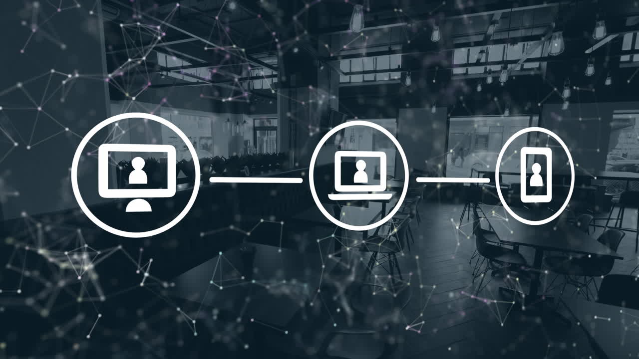 Animation of network of connections and digital icons against view of a empty cafe
