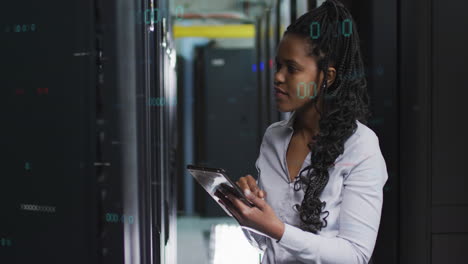 animation of data processing over african american female it engineer and computer servers