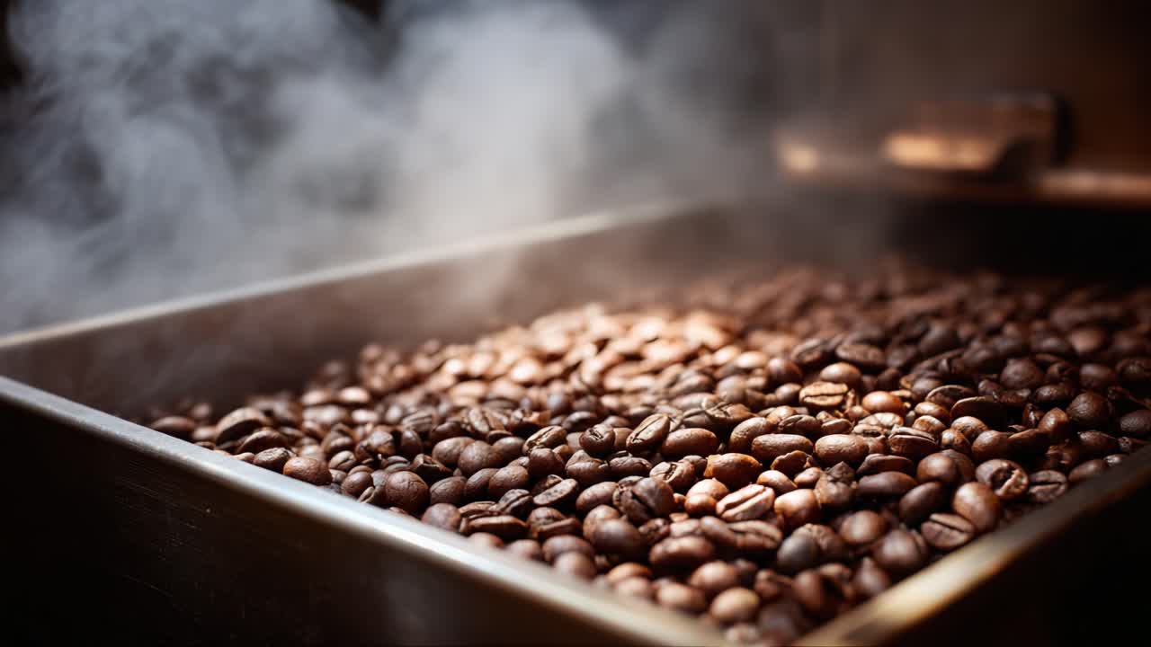 Tostado de granos de café aromáticos: Vapor cautivador y ricos sabores emergen de los granos de café recién tostados en esta cautivadora toma de primer plano.