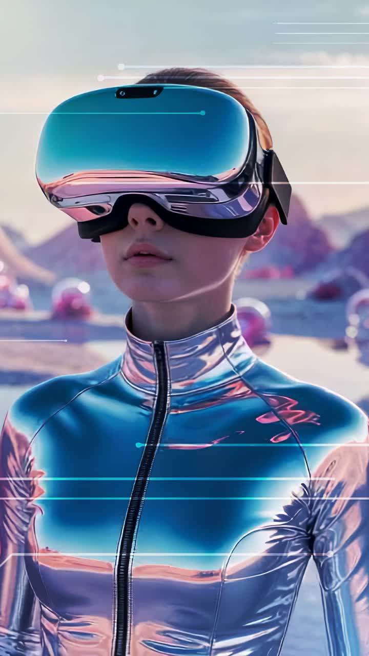 Vertical video: Seeing overlays, woman adjusting VR headset on alien land, amid spheres