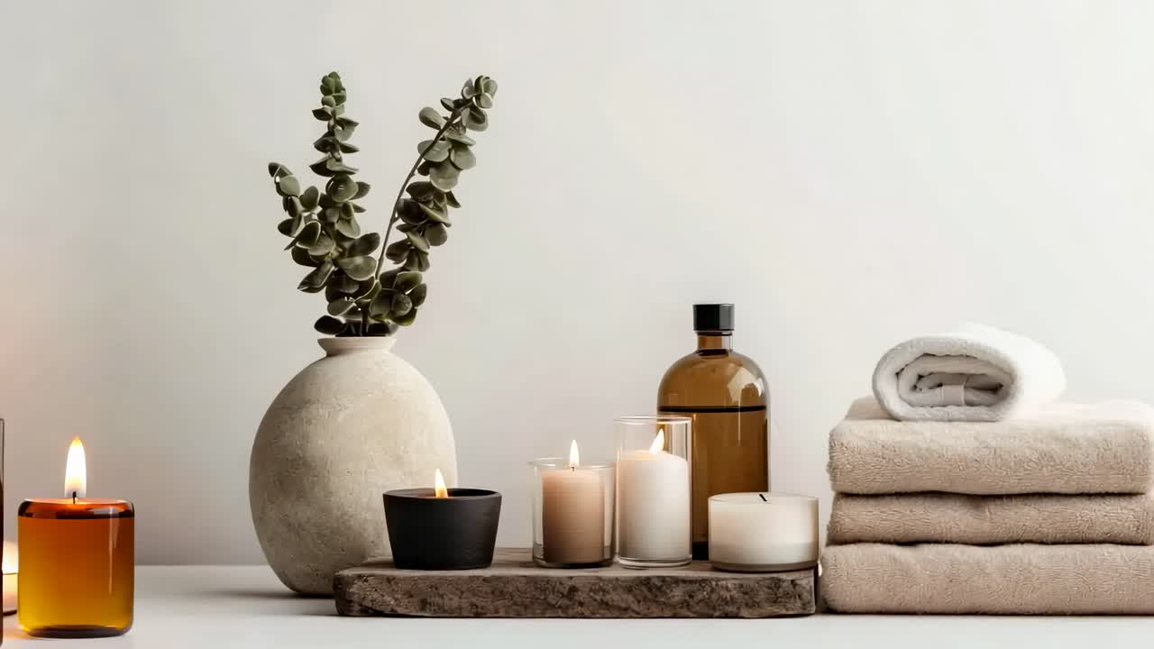 Scène de spa esthétique avec des bougies, des serviettes et un vase sur une table