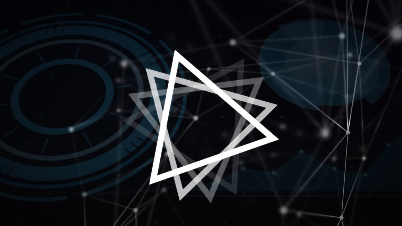 검은색 배경에 연결 네트워크를 회전하는 삼각형의 애니메이션