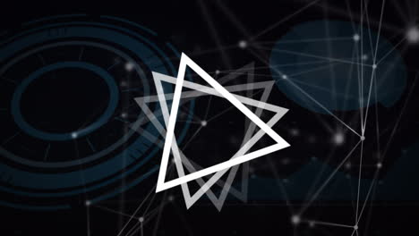 Animation of triangles rotating over network of connections on black background