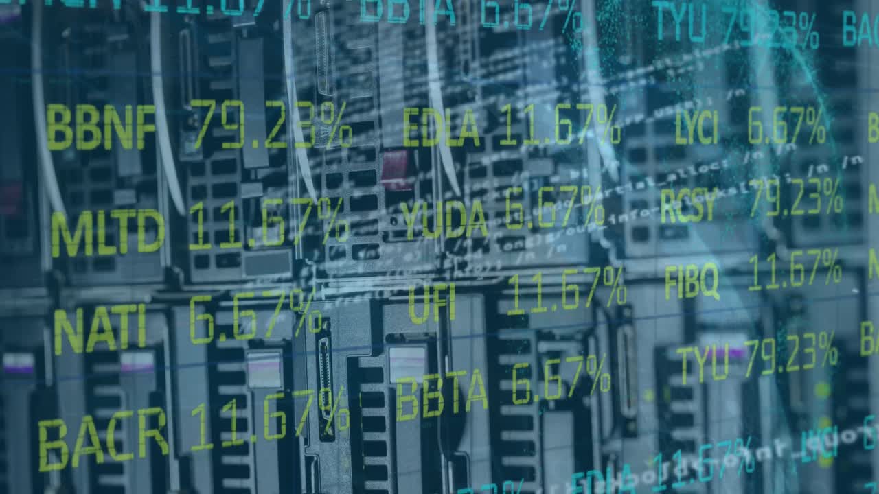 Animation of financial data processing over server room