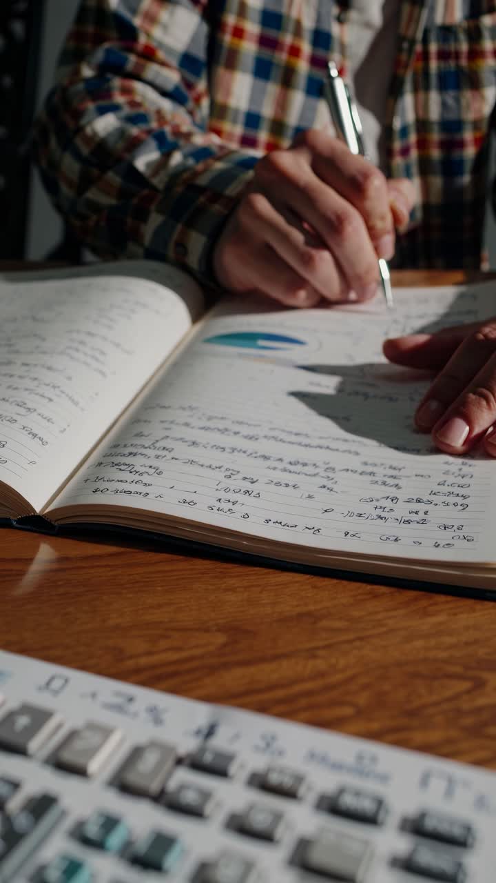 Overhead angle captures a person writing in a notebook with a calculator nearby, evoking a study