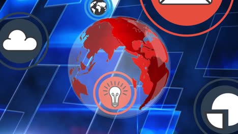 animation of globe, digital icons over screens on blue background