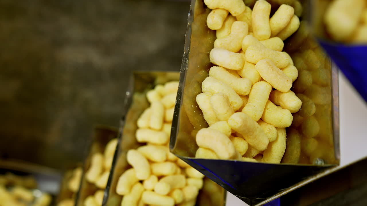 Automated process of sweet snacks production at food factory. Yellow corn sticks at conveyor belt. Close up.