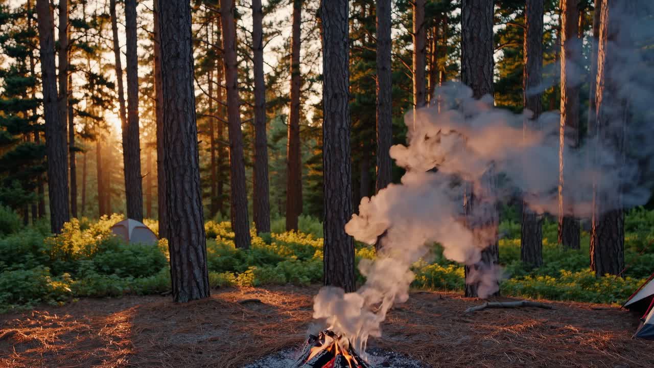 Campfire in the Forest at Sunset