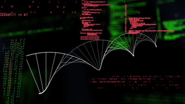 Animation of 3d dna strand spinning and scientific data processing over black background
