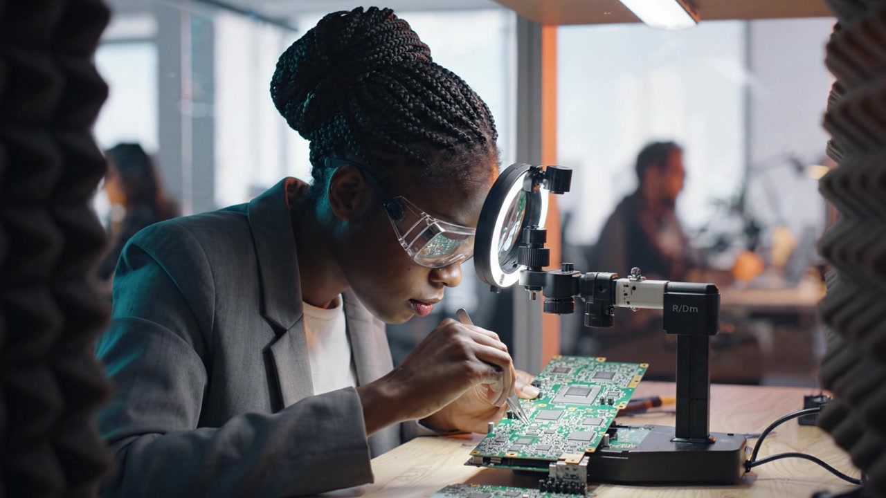 Focused Engineer Analyzing Circuit Board with Precision Tools and Magnifying Lens to Enhance Electronic Circuitry in Modern Tech Workspace Environment