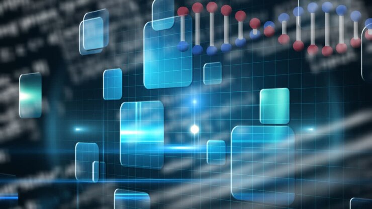Dna structure spinning and data processing against square shape design on blue background