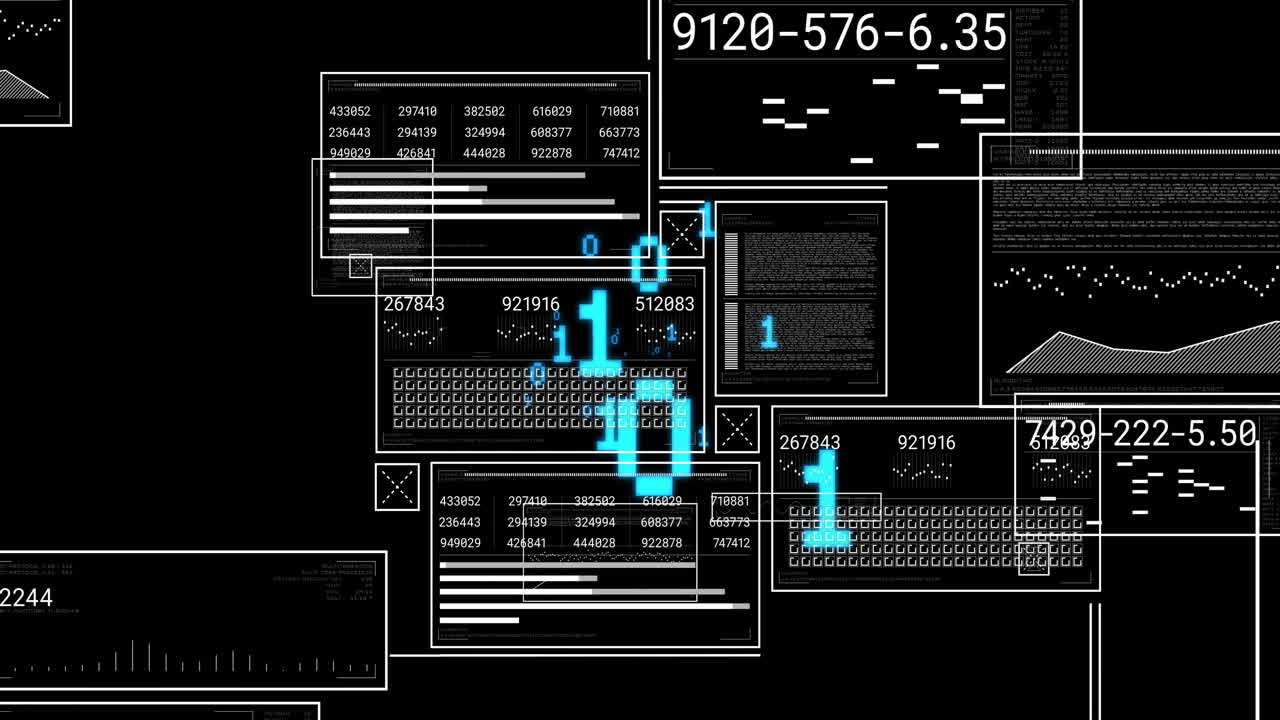Animation of digital data processing and binary coding over black background