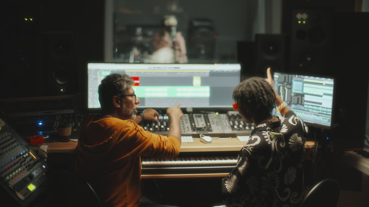 Music Producers Mixing Sound as Singer Recording Vocals in Audio Studio
