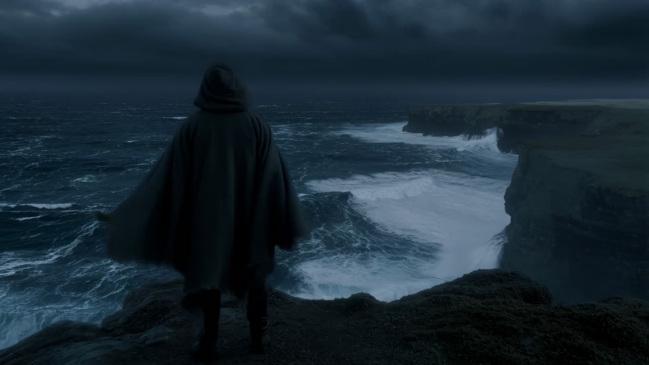 A cloaked figure overlooks a stormy ocean from a cliff