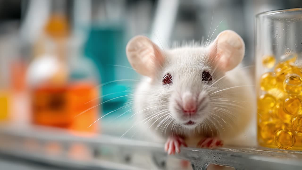 A Close-up View of a White Laboratory Mouse Curiously Observing Its Surroundings in a Scientific Environment Filled with Colorful Glassware and Solutions