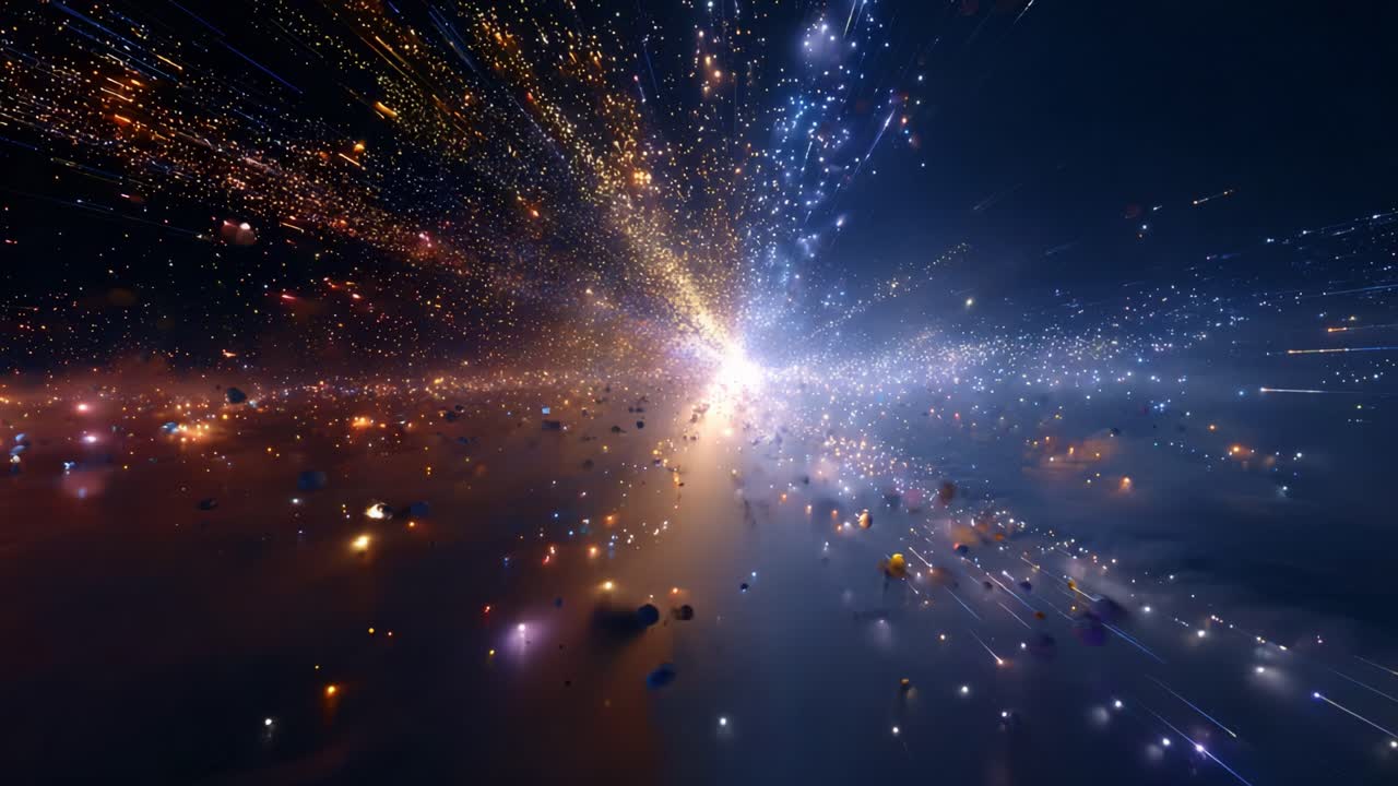Uma jornada cósmica de tirar o fôlego por um mar vibrante de estrelas, explosões e rastros de luz, capturando a essência da exploração espacial e a vastidão do universo