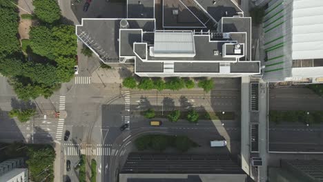 top down view of an intersection with traffic in helsinki on summer day