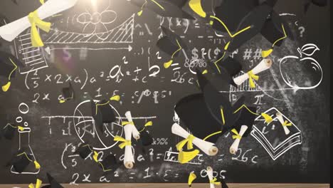 animación de gorras de graduación y diplomas sobre ecuaciones matemáticas en fondo negro.